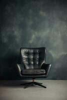 ai généré ai génération. noir cuir chaise contre une noir mur. photo