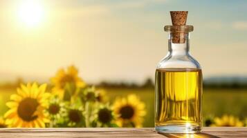 ai généré ai génération. tournesol pétrole dans verre bouteille sur en bois table avec épanouissement champ sur le photo