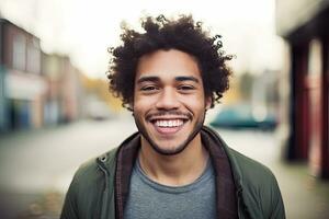 portrait de une Beau Jeune homme avec afro coiffure souriant en plein air, mixte course homme souriant, ai généré photo