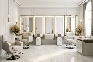 luxe salle de bains intérieur avec blanc des murs, carrelé sol, beige salon de coiffure chaises permanent près rond miroirs. 3d le rendu, moderne et élégant intérieur conception de professionnel beauté, ai généré photo