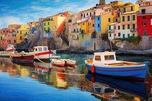 coloré pêche bateaux dans riomaggiore, cinque terre, Italie, mystique paysage de le port avec coloré Maisons et le bateaux dans porto Vénère, Italie, ai généré photo