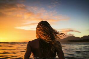 silhouette de une fille dans une maillot de bain à le coucher du soleil sur le plage, femelle surfeur arrière vue dans mer à coucher de soleil, Oahu, Hawaii, uni États de Amérique, ai généré photo