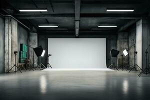 intérieur de moderne photo studio avec vide blanc mur et équipement. moquer en haut, 3d le rendu, broderie floral abstrait fantaisie conception luxe denim bleu jeans, ai généré