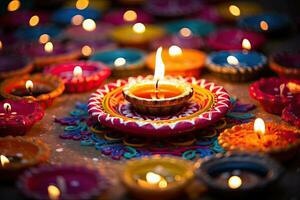 Indien Festival Diwali, diya pétrole les lampes allumé sur coloré rangoli. hindou traditionnel, Indien Festival Diwali, diwali pétrole les lampes allumé sur coloré rangoli. hindou traditionnel, ai généré photo