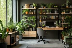 intérieur de moderne Bureau avec vert végétaux, meubles et personnel ordinateur, intérieur de une moderne ordinateur chambre. 3d le rendu. tonique image, ai généré photo