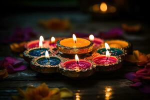 Indien Festival Diwali, diya pétrole les lampes allumé sur coloré rangoli. hindou traditionnel. sélectif se concentrer, Indien Festival Diwali, diwali pétrole les lampes allumé sur coloré rangoli. hindou traditionnel, ai généré photo