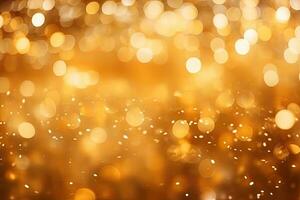 d'or abstrait Contexte avec bokeh défocalisé lumières et étoiles, d'or briller texture coloré flou abstrait Contexte pour anniversaire, anniversaire, Nouveau année veille ou Noël, ai généré photo