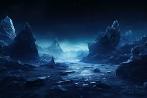 fantaisie extraterrestre planète. Montagne et lac. 3d illustration, minimaliste la photographie, la glace ruines, complexe, nuit, haute résolution, 8k ultra HD, ai généré photo