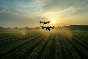 aérien vue de une drone pulvérisation pesticides sur une champ à coucher de soleil, drone en cours d'analyse Les agriculteurs des champs pendant lever du soleil, ai généré photo