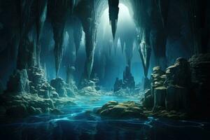 3d le rendu de une fantaisie extraterrestre la grotte avec certains stalactites, fascinant sous-marin la grotte système plein de étourdissant stalactite formations, bioluminescent créatures, et caché chambres, ai généré photo