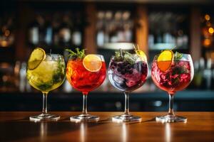 des cocktails dans des lunettes sur le bar comptoir. alcoolique boissons, cinq coloré Gin Tonique des cocktails dans du vin des lunettes sur le bar compteur dans pub ou restaurant, ai généré photo