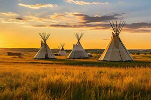tipi à le coucher du soleil dans yellowstone nationale parc, Wyoming, Etats-Unis, premier nations tipis sur le ouvert prairies de Nord Amérique, ai généré photo