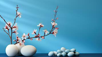 pot de fleurs sur une minimaliste bleu Contexte. établi avec génératif ai photo