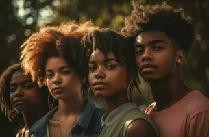 groupe de adolescent noir copains Extérieur photo. produire ai photo