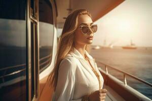 élégant content femme avec des lunettes de soleil sur croisière bateau. produire ai photo