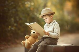 peu garçon en train de lire une livre avec le sien nounours ours dans la nature. produire ai photo