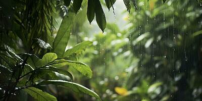 pluie chutes dans une forêt tropicale avec le pluie gouttes. génératif ai photo