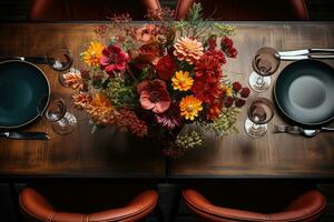 Haut vue Photos de table ensemble dans à manger pièce ai généré