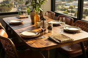 Haut vue Photos de table ensemble dans à manger pièce ai généré