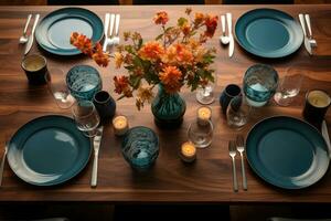 Haut vue Photos de table ensemble dans à manger pièce ai généré