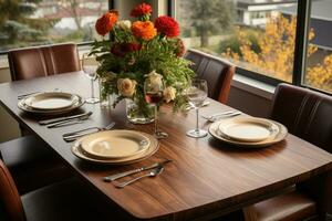 Haut vue Photos de table ensemble dans à manger pièce ai généré