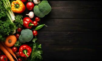 des légumes sur noir bois Contexte. ai génératif photo