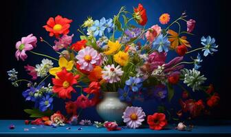 encore la vie de fleurs. vibrant bouquet de fleurs sauvages dans une vase sur une tableau. ai génératif photo
