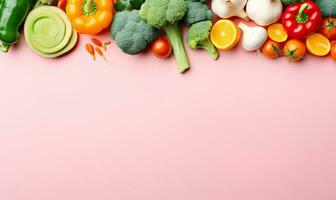 Haut vue des légumes sur rose Contexte. ai génératif photo