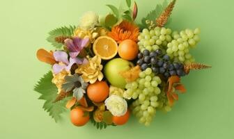 vibrant fruit arrangement avec des oranges et les raisins. ai génératif photo