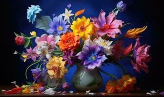 encore la vie de fleurs. vibrant bouquet de fleurs sauvages dans une vase sur une tableau. ai génératif photo