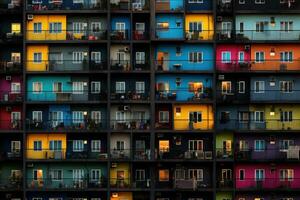 coloré Résidentiel bâtiment façade avec balcons. génératif ai photo