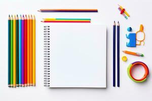 coloré des crayons et carnet sur blanc Contexte. retour à école concept, Bureau école Provisions sur blanc arrière-plan, ai généré photo