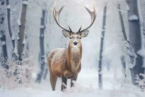 mule cerf dans hiver forêt. magnifique rouge cerf dans neigeux forêt, noble cerf Masculin dans hiver neige forêt. artistique hiver Noël paysage., ai généré photo