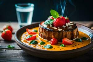 une dessert avec des fraises et Chocolat sauce sur une en bois tableau. généré par ai photo