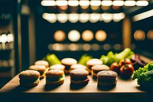 une table avec hamburgers et des légumes. généré par ai photo