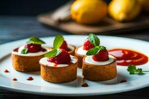 petit Gâteaux avec des fraises et sauce sur une blanc plaque. généré par ai photo