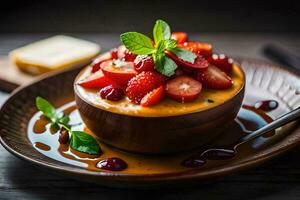 une bol de des fraises et une cuillère. généré par ai photo