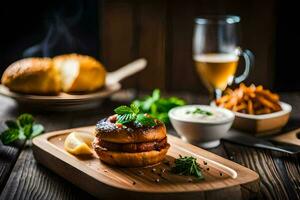 une Hamburger avec frites et une bière. généré par ai photo