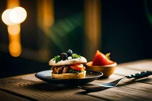 une petit sandwich sur une assiette avec une fourchette et couteau. généré par ai photo