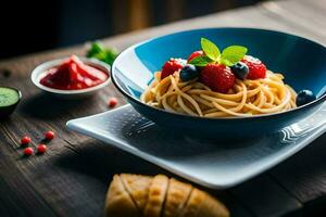 spaghetti avec Frais baies et tomates dans une bleu bol. généré par ai photo