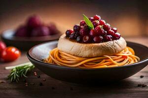 spaghetti avec canneberges et tomates dans une bol. généré par ai photo