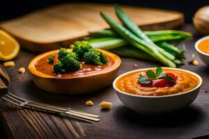 deux boules de soupe avec des légumes et une cuillère. généré par ai photo