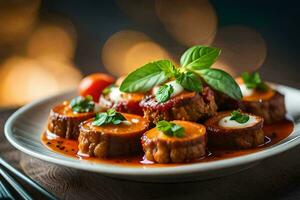 une assiette de Viande et sauce sur une en bois tableau. généré par ai photo