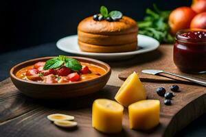 une en bois table avec une bol de soupe, fromage et pain. généré par ai photo