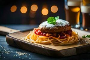 une assiette avec spaghetti et Boulettes de viande sur il. généré par ai photo