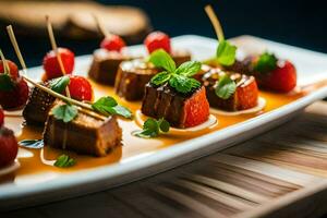 une plat de Viande et des fraises sur une en bois tableau. généré par ai photo