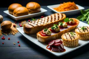 une assiette de nourriture avec pain, des légumes et autre ingrédients. généré par ai photo