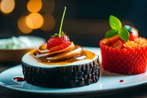 une dessert sur une assiette avec des fraises et crème. généré par ai photo