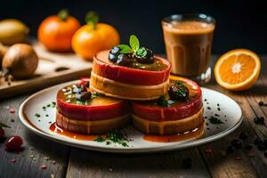 Trois Gâteaux empilés sur une assiette avec Orange jus. généré par ai photo