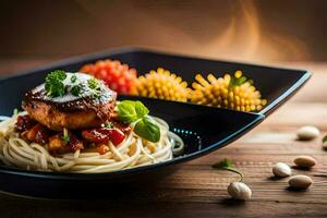 une assiette avec spaghetti et Viande sur il. généré par ai photo